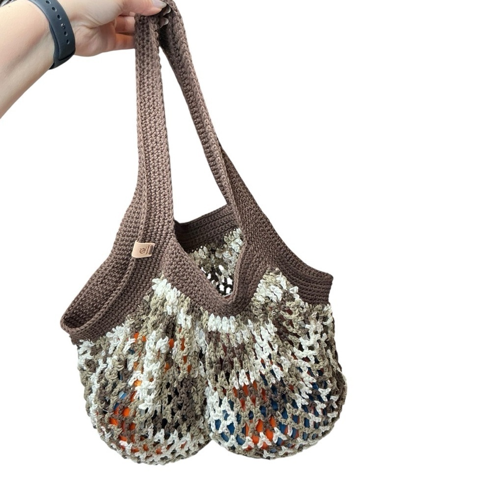 Large Crochet Mesh Market Bag Brown White Cotton Handcrafted Handmade Reusable - Picture 15 of 16